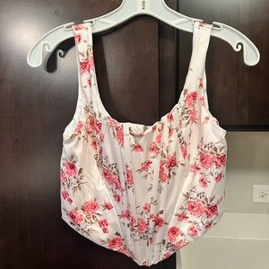 Floral Print Hanky Hem Zip Back Corset Tank Top